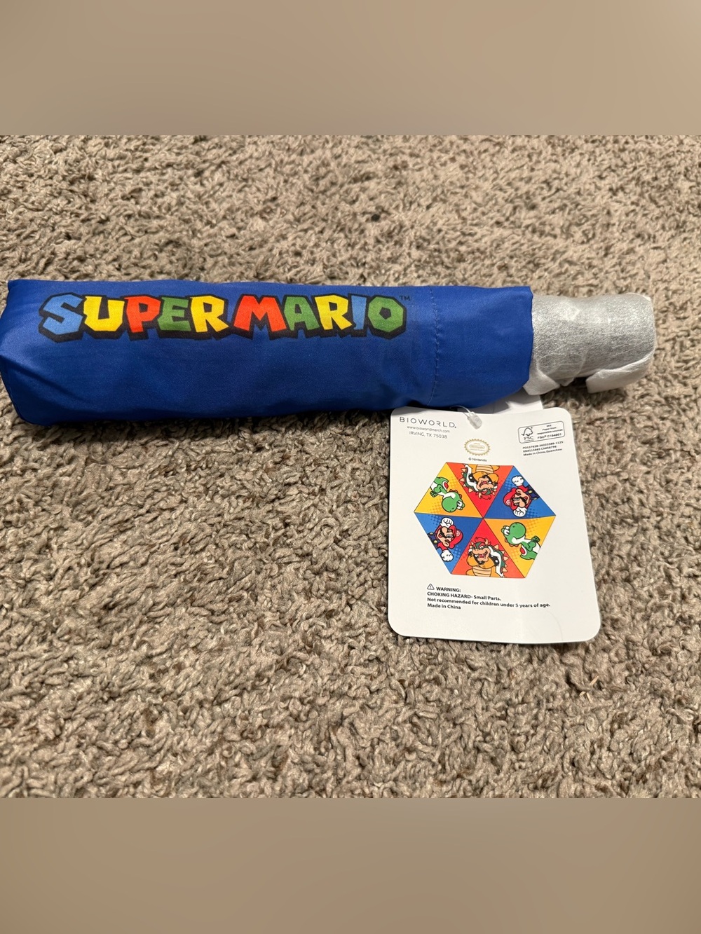 NWT Nintendo Super Mario Blue Folding Umbrella with Multicolor Logo